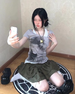 夏季亚文化复古小众拼接设计感上衣grunge美式短袖T恤修身假两件
