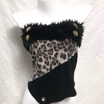 日系复古豹纹毛毛拼接辣妹抹胸