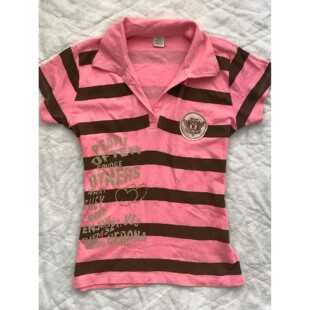 Y2K千禧古着感粉棕条纹POLO衫女英文涂鸦收腰短袖甜妹修身T恤上衣