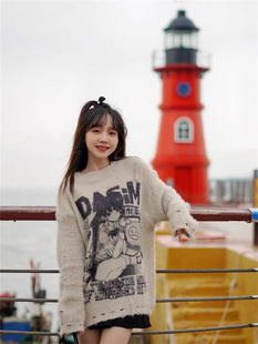 慵懒风毛衣女秋冬软糯糯仿貂毛涂鸦宽松针织衫破洞复古二次元上衣