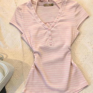 美式 辣妹复古vintage千禧古早y2k粉蓝色条纹小众绑带吊带挂脖上衣