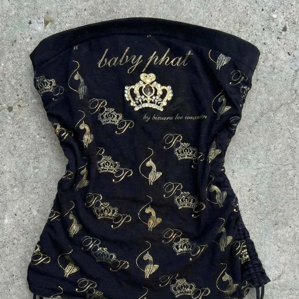 美式Y2K千禧辣妹风黑底鎏金Baby Phat抹胸皇冠印花抽绳收腰女上衣