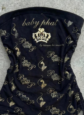 美式Y2K千禧辣妹风黑底鎏金Baby Phat抹胸皇冠印花抽绳收腰女上衣