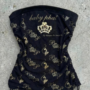 美式Y2K千禧辣妹风黑底鎏金Baby Phat抹胸皇冠印花抽绳收腰女上衣