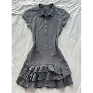 韩版灰色Polo领收腰连衣裙夏季新款修身显瘦蛋糕荷叶边A字短裙