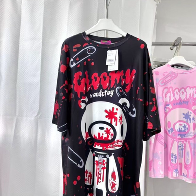 亚文化黑红暴力血腥熊Gloomy oversize短袖T恤朋克风别针印花上衣