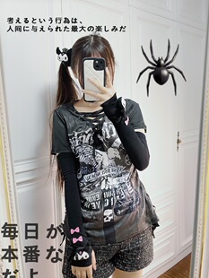 朋克亚文化辣妹复古绑带宽松印花T恤上衣短袖夏女古早感原宿机车