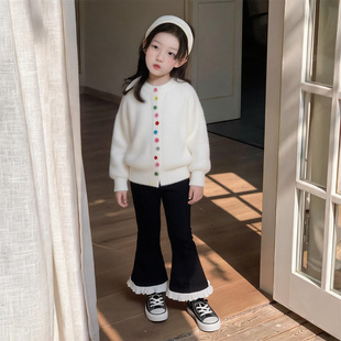 女童冬装设计感彩色纽扣仿水貂绒针织衫上衣2026新款儿童软糯毛衣
