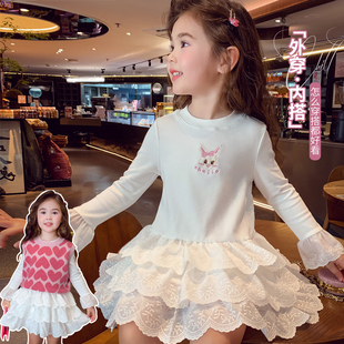 女童长袖连衣裙2025秋装新款洋气儿童纯色打底裙子女孩白色蛋糕裙