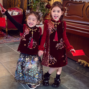 女童旗袍裙2025冬装新款洋气儿童中国风夹棉连衣裙女孩红色新年装
