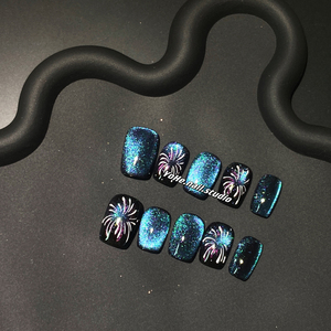 宥荷Studio 猫眼蓝色烟花显白INS风手工穿戴甲美甲定制假指甲短甲