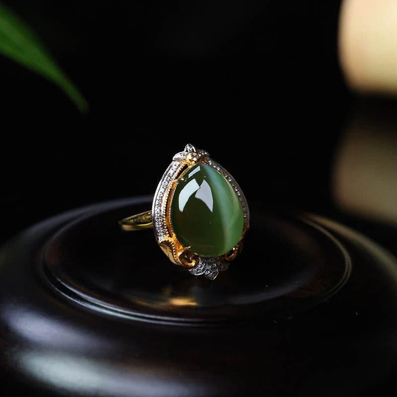年货节天然和田玉戒指女满钻猫眼碧玉水滴镶嵌18k金指环a货送领导