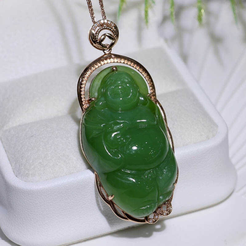 和田玉弥勒佛挂件玉佛吊坠女站佛镶嵌18k金布袋佛挂坠a货玉佩项链