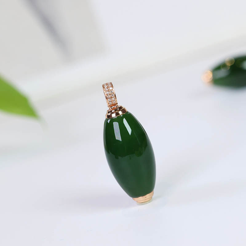 年货节礼物天然和田玉吊坠a老料菠菜绿碧玉桶珠镶18k金挂件送女友