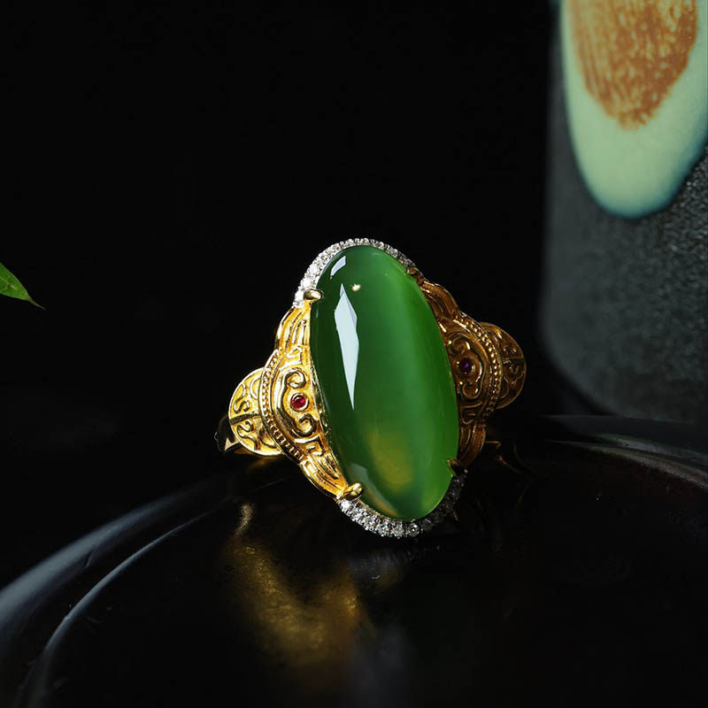春季开门红天然和田玉戒指女a绿猫眼碧玉蛋面镶嵌18k金指环送闺蜜
