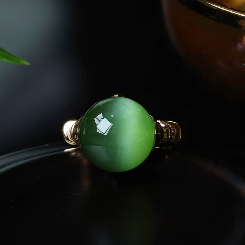 春夏礼物天然和田玉戒指女豪华猫眼碧玉圆珠镶嵌18k金指环a送领导