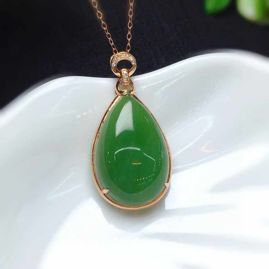 中秋礼物和田玉项链菠菜绿碧玉水滴镶18k金挂坠a玉石古风民族妈妈