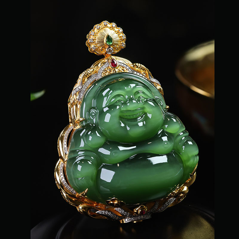 五一礼物天然和田玉弥勒佛吊坠a豪华猫眼碧玉大肚佛镶嵌18k金挂件