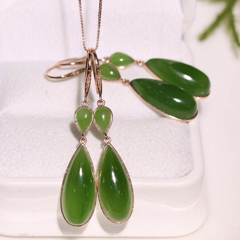 春季开门红天然和田玉耳饰女菠菜绿碧玉水滴镶18k金耳环a货送老婆