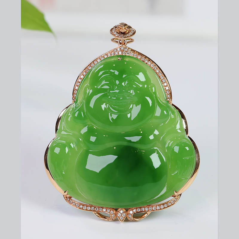 年货节送领导天然和田玉大佛公吊坠a苹果绿碧玉弥勒佛镶18k金挂件