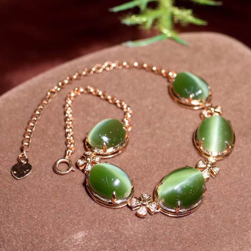 年货节礼物天然和田玉手链女猫眼碧玉蛋面镶嵌18k金手串a货送老婆