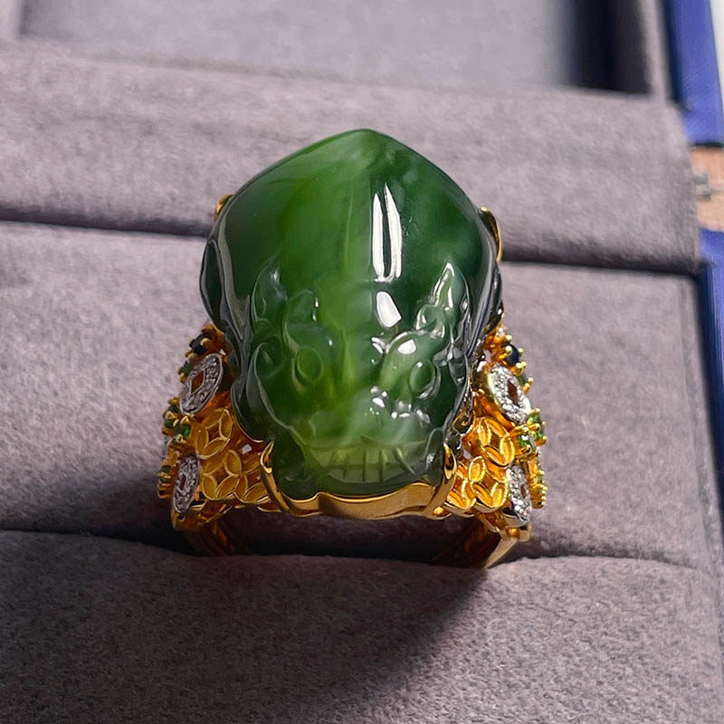 焕新季天然和田玉戒指a豪华猫眼碧玉貔貅镶嵌18k金指环招财送领导