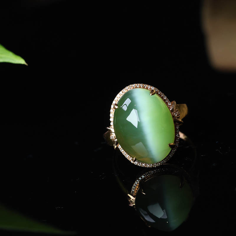 双十一促销和田玉指环女a货猫眼碧玉蛋面镶18k金戒指满钻设计老料