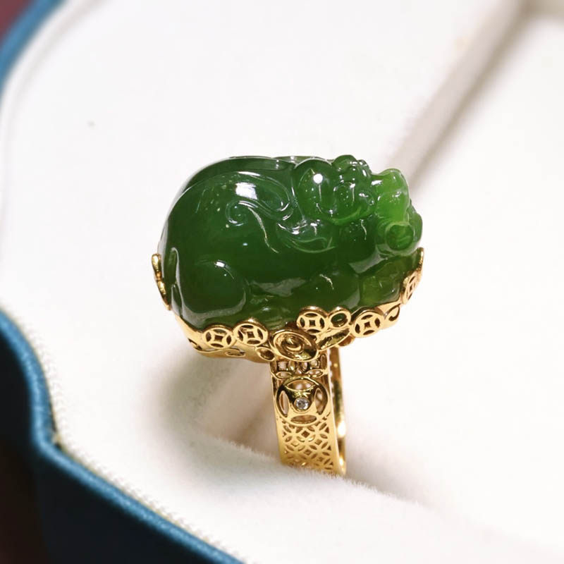 焕新季和田玉戒指正宗老料菠菜绿碧玉貔貅镶18k金指环a货送妈妈礼