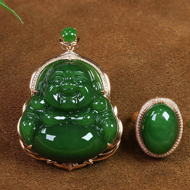 母亲节礼物和田玉佛公吊坠女老料菠菜绿碧玉镶18k金挂件戒指满钻