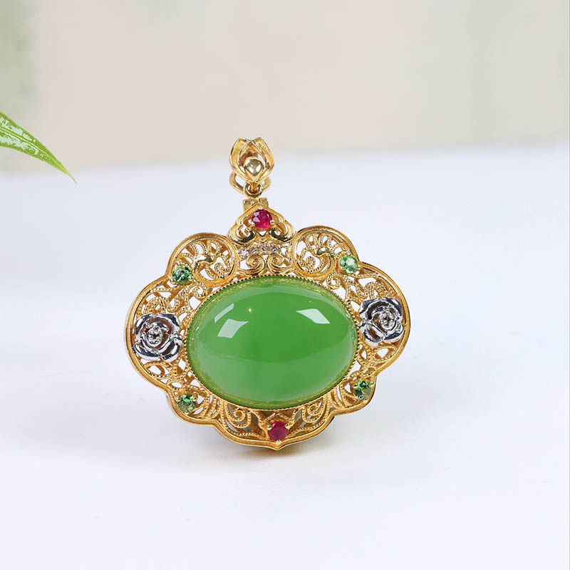 元旦礼物天然和田玉吊坠女苹果绿碧玉如意香囊镶18k金挂件送老婆