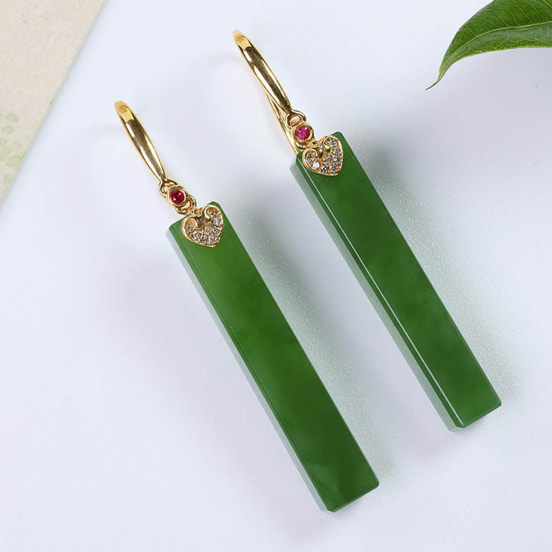 春夏季礼物天然和田玉耳环女a货菠菜绿碧玉长条镶18k金耳坠送妈妈