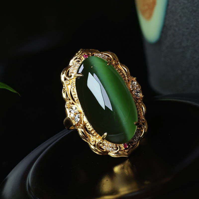 年货节和田玉戒指女满钻豪华猫眼碧玉蛋面镶嵌18k金指环a货送领导