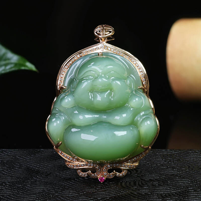 38焕新季天然和田玉弥勒佛吊坠女猫眼碧玉弥勒佛镶18k金挂件送妈
