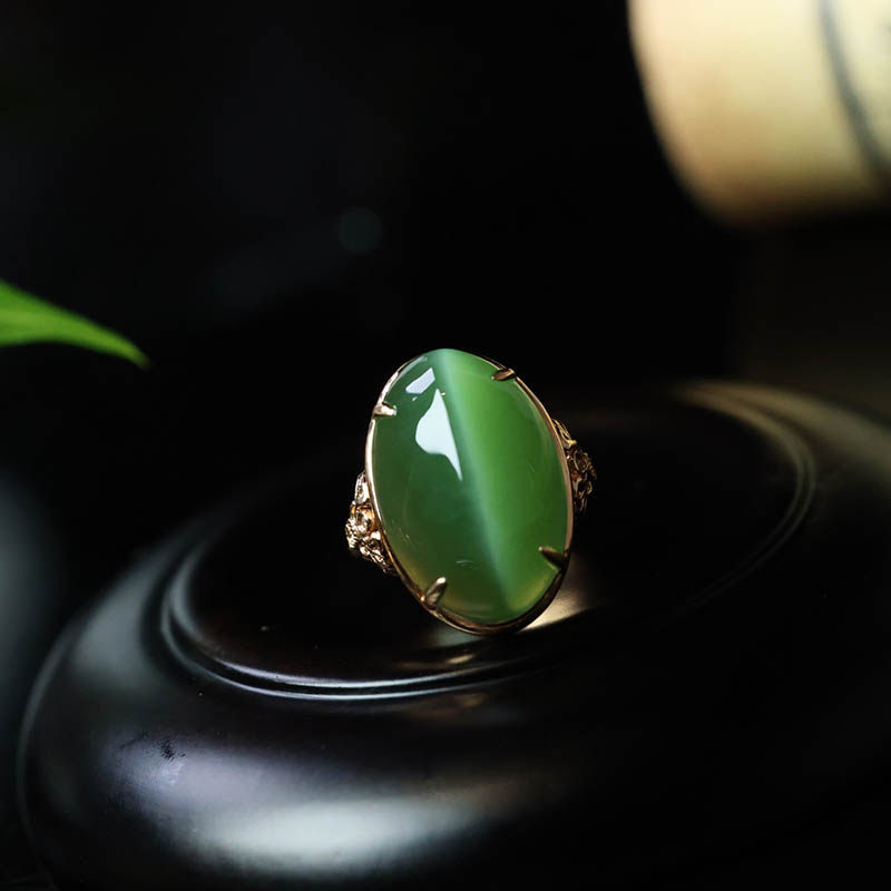 女神节天然和田玉指环女a绿猫眼碧玉蛋面镶嵌18k金戒指时尚送女友