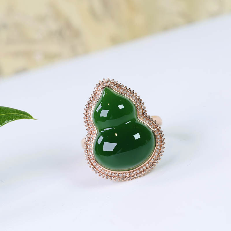 双十二圣诞天然和田玉戒指女a满钻碧玉葫芦镶18k金指环送老婆礼物