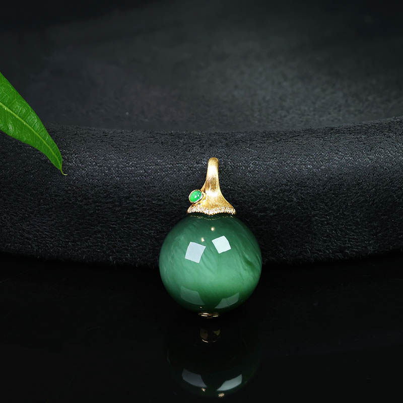 中秋礼物天然和田玉吊坠女猫眼碧玉圆珠镶18k金挂件a货送妈妈生日