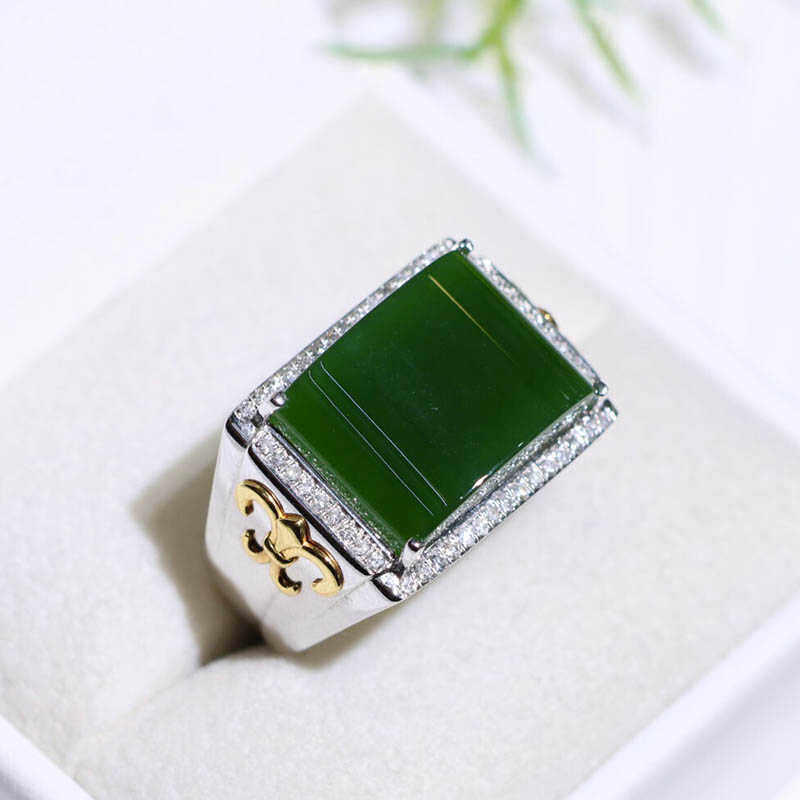 五一特惠天然和田玉戒指男菠菜绿碧玉拱型镶嵌18k金扳指送爸 老公