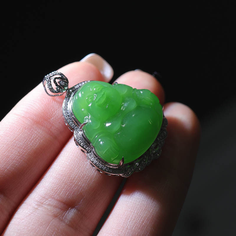 38焕新季天然和田玉笑佛吊坠女a苹果绿碧玉弥勒佛镶18k金挂件送妈