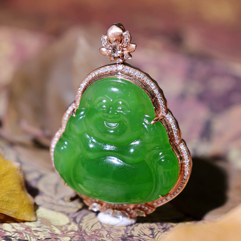 春节和田玉弥勒佛吊坠女a满钻苹果绿碧玉笑佛镶18k金挂件封底送妈