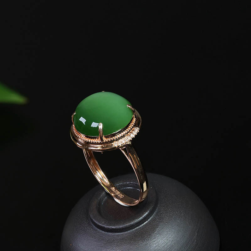 38焕新季天然和田玉戒指女满钻碧玉圆面镶嵌18k金指环送老婆礼物