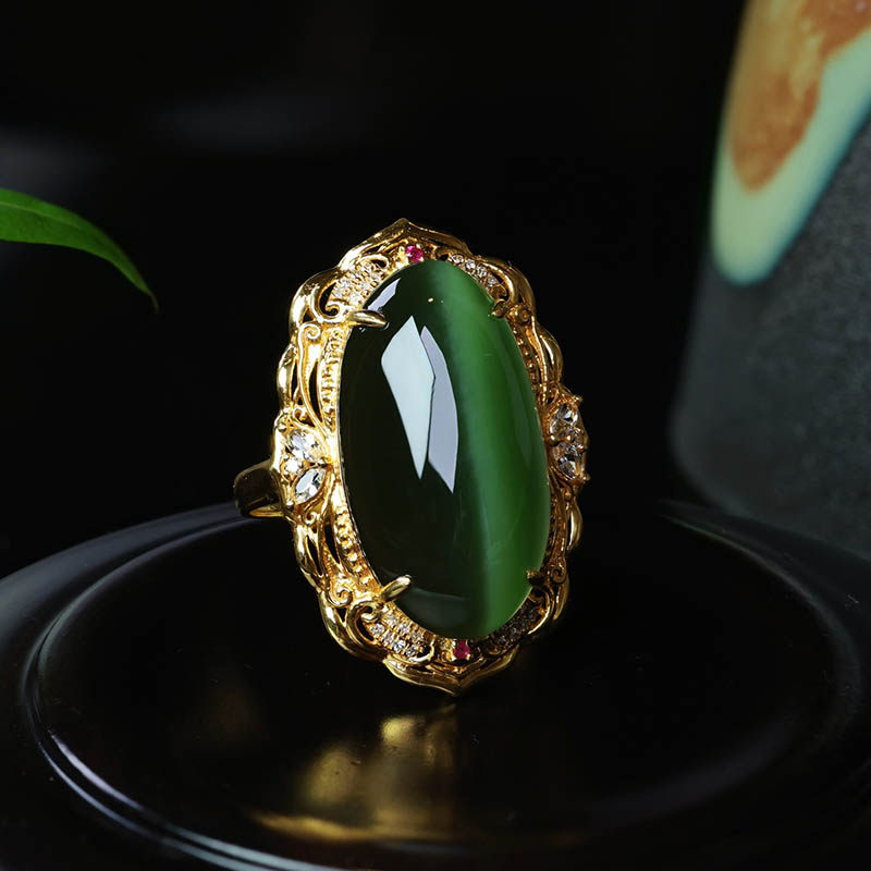 春节开门红新疆和田玉戒指女猫眼碧玉蛋面镶嵌18k金指环a货送领导
