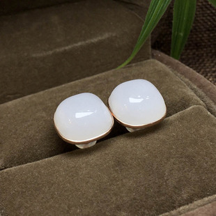 年货节天然和田玉耳钉女正宗羊脂白玉方形镶嵌18k金挂件a货送妈妈