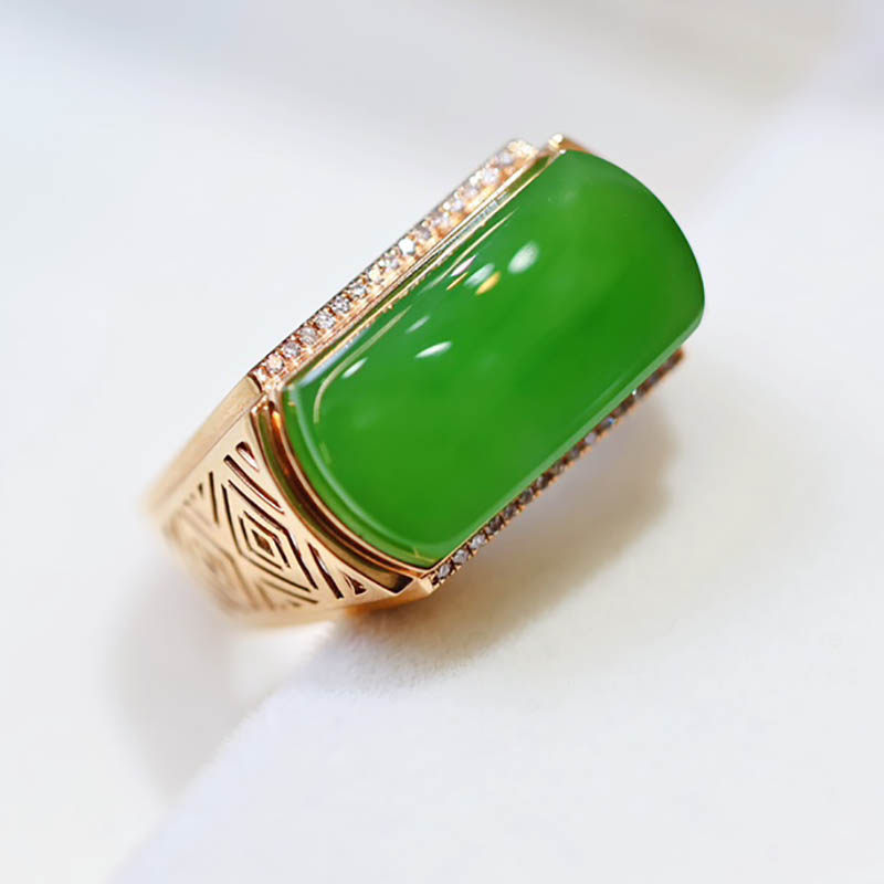 暑期礼物天然和田玉戒指男a货苹果绿碧玉马鞍镶嵌18k金指环送老公