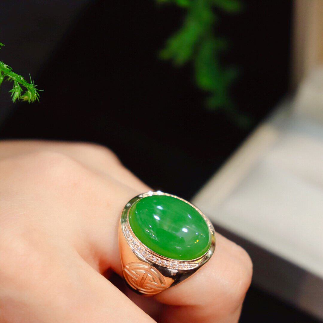 原创新品和田玉戒指阳绿碧玉扳指镶嵌18k金指环 冰种翡翠金镶玉戒