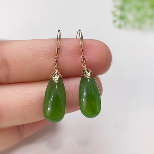 焕新季天然和田玉耳坠a正宗菠菜绿碧玉水滴镶18k金耳饰送女友礼物