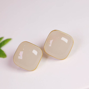 焕新季天然和田玉耳钉女藕粉白玉方形镶嵌18k金耳饰a货送闺蜜礼物