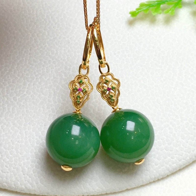 38焕新季天然和田玉耳环女菠菜绿碧玉圆珠镶嵌18k金耳坠a货送老婆