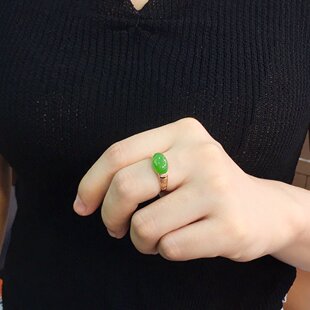 原创新品和田玉戒指阳绿碧玉镶18k黄金指环籽料 翡翠金镶玉送妈妈