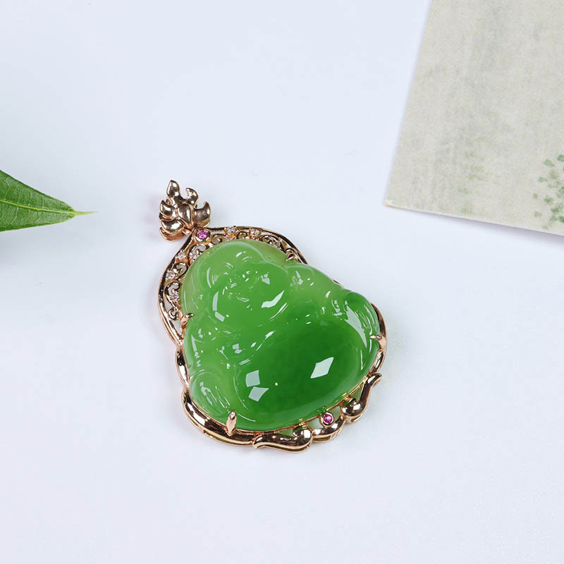 双十二天然新疆和田玉吊坠女a苹果绿碧玉弥勒佛镶18k金挂件送妈妈