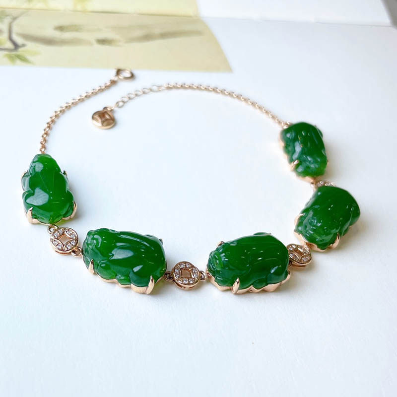 年货节礼物天然和田玉手链女a老料菠菜绿碧玉貔貅镶18k金手串送妈